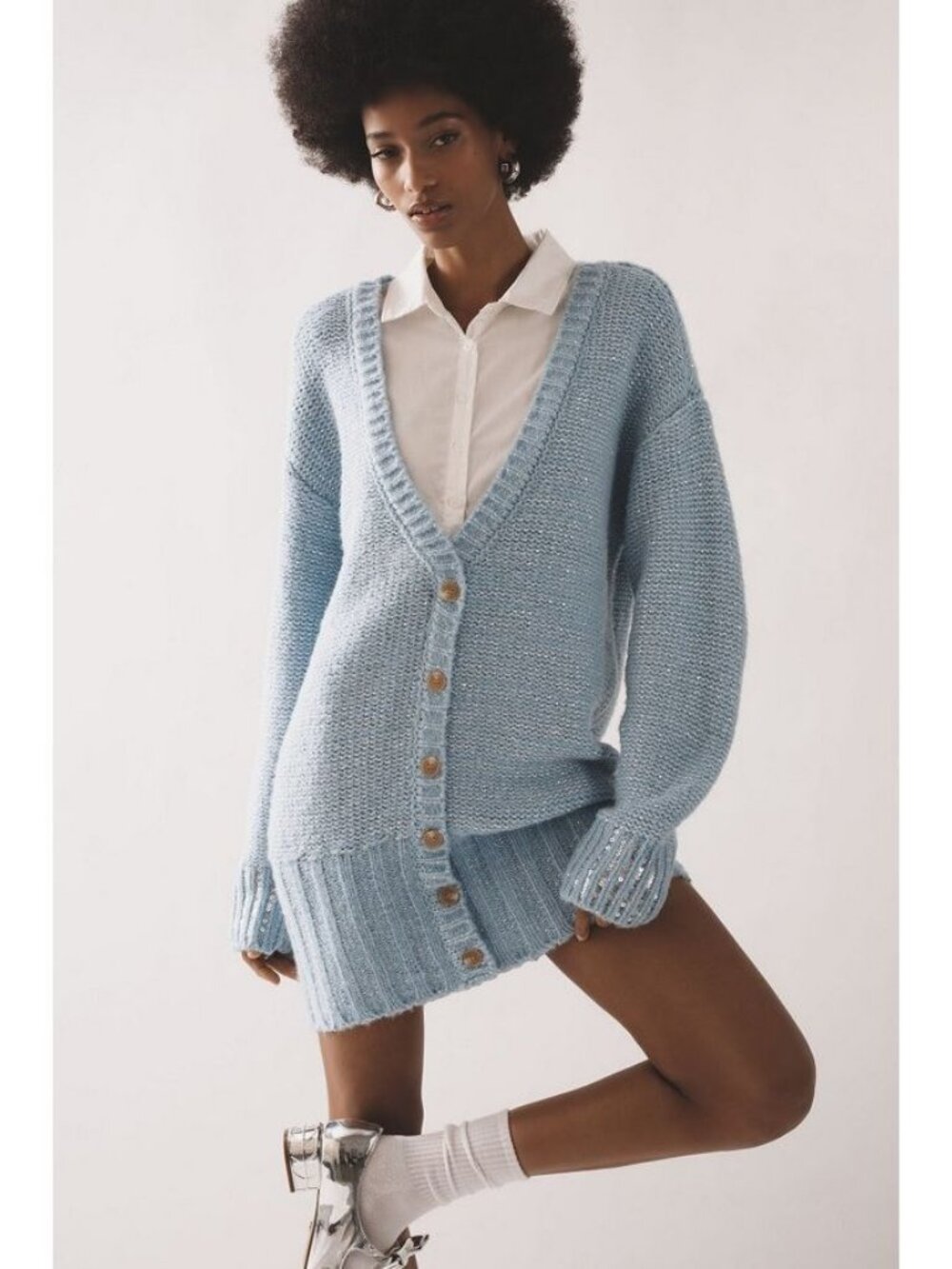 Anthropologie NWT Maeve Layered Sparkle Cardigan Sweater Mini Dress in Blue XL